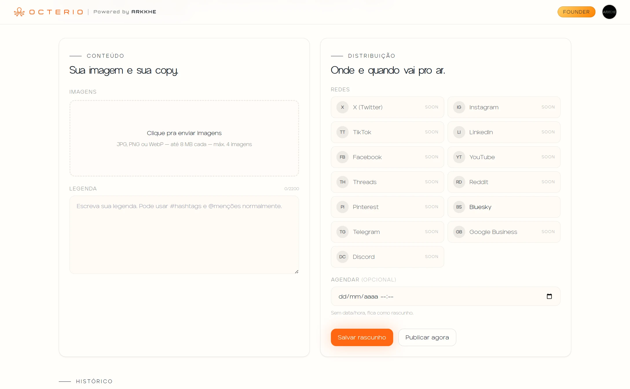 Octerio composer: image, caption, network selection across 13 networks, optional scheduling.