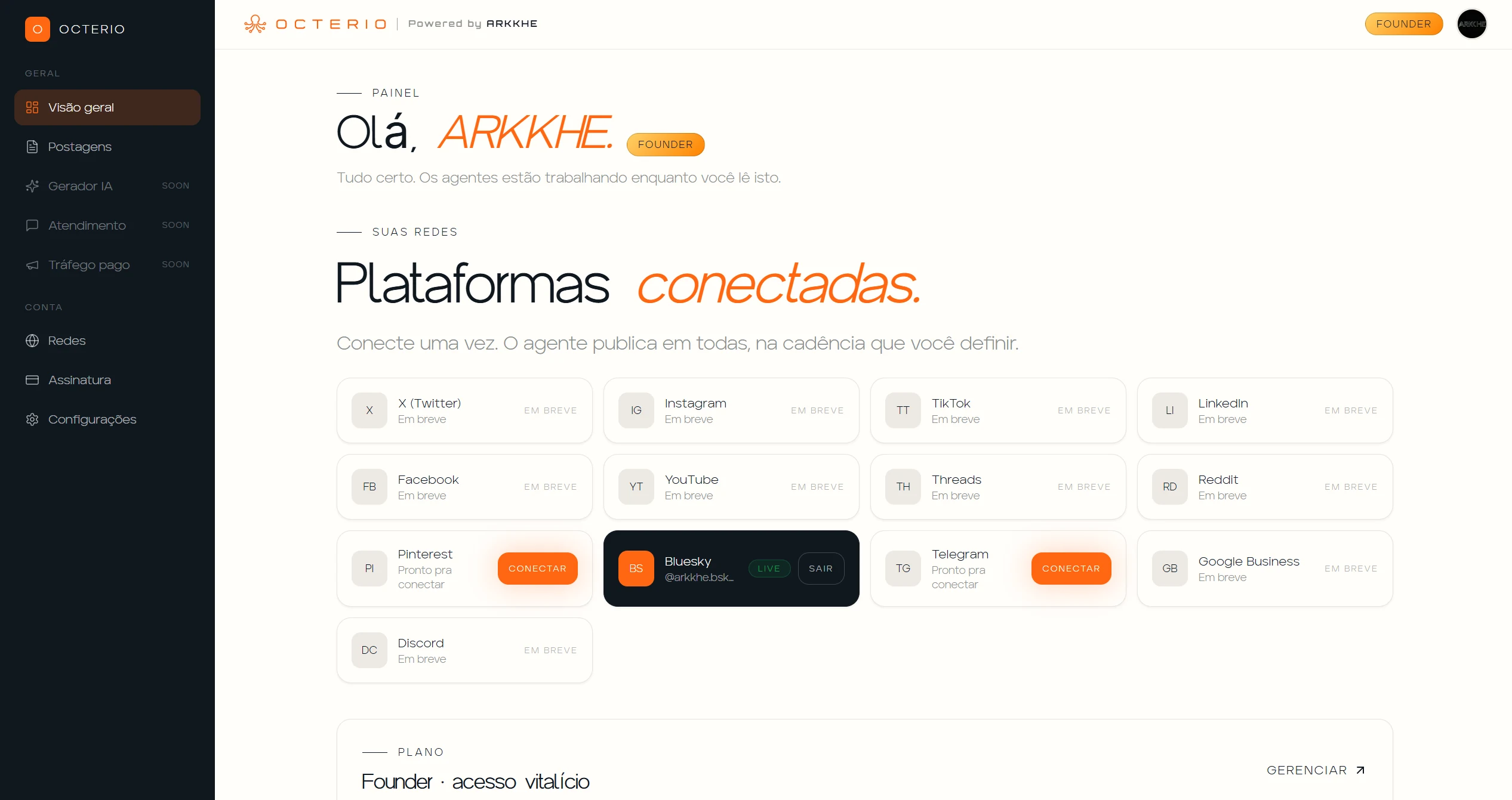 Octerio dashboard with 13 connectable social networks and Bluesky live.