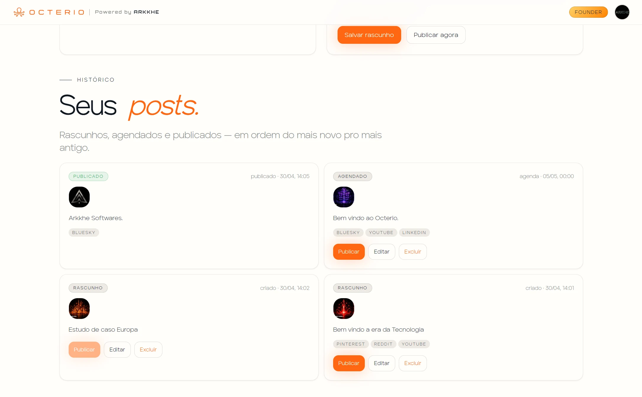 Octerio history: cards for published, scheduled, and draft posts, with inline actions.